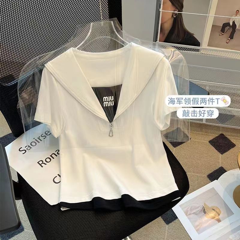 Nueva camiseta de manga corta de dos piezas falsa 2024 verano reducción de edad estilo occidental moda salvaje de manga corta ins mujer de moda delgada