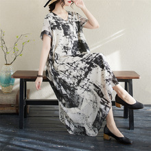 实拍棉麻v领大码显瘦不规则下摆水墨印花旅游长裙连衣裙