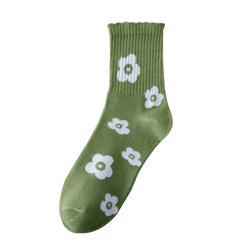 Women's Socks Autumn and Winter New Tube Socks Japanese Style Green Fresh Flowers Ins Trendy Fashion Cotton Socks Factory Wholesale