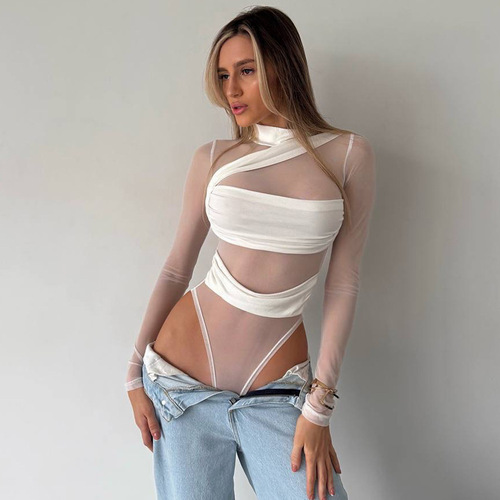 D521BS European and American cross-border hot girl sexy perspective mesh figure-fitting solid color bandage-style design jumpsuit