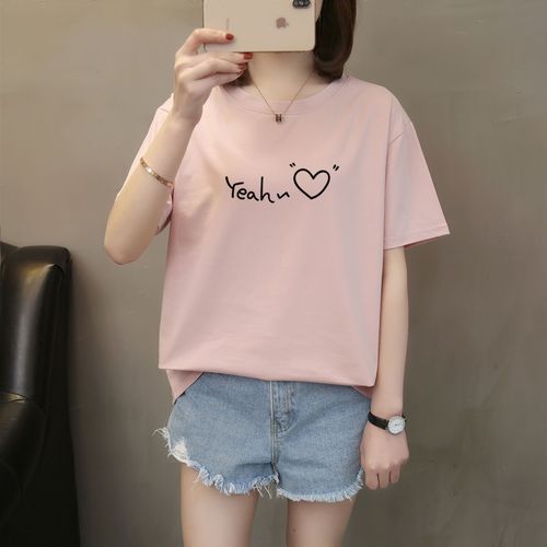 Women's Summer Round Neck Short Sleeve T-Shirt with Pure Cotton, Loose and Versatile Letter Print, Plus Size Casual Top Trendy