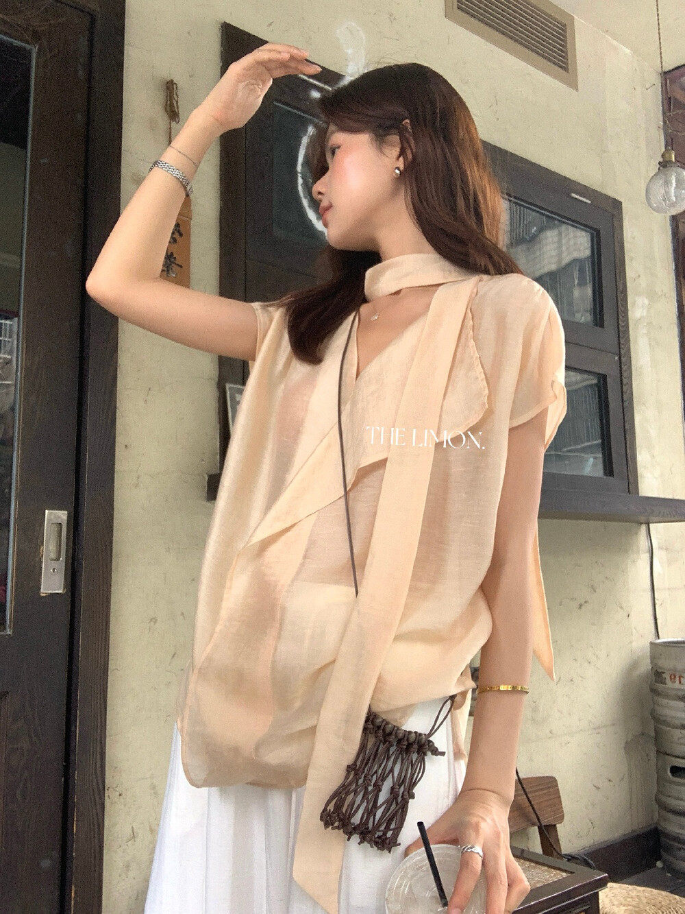 Áo sơ mi nữ linen cổ V tay dài phối dây rua, thiết kế thanh lịch mùa hè 2026 — Bột cam, xanh lá cây, màu xám, màu mơ chi tiết 30