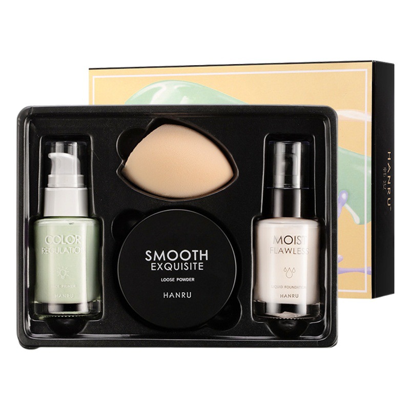 Set de Maquillaje Han Ru de 4 Piezas, Base de Maquillaje Líquida, Polvo Fijador, Set de Cosméticos en Caja, Venta al por Mayor de Productos de Belleza