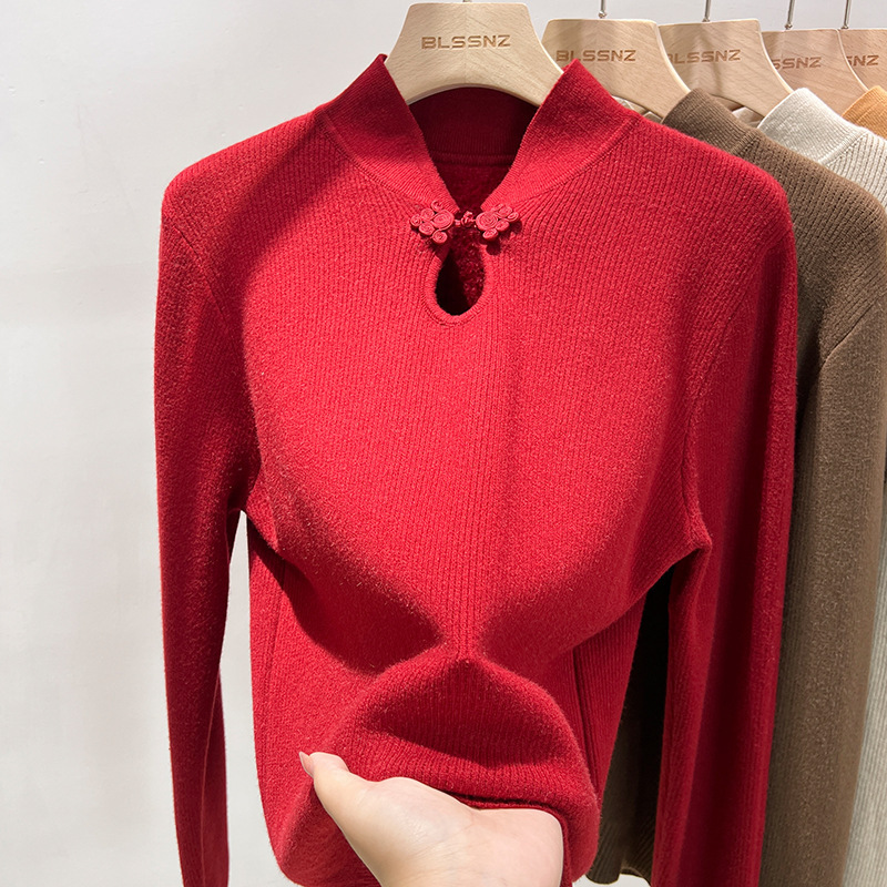 新中式盘扣国风秋冬时尚一体绒毛衣女套头上衣加绒加厚打底衫女