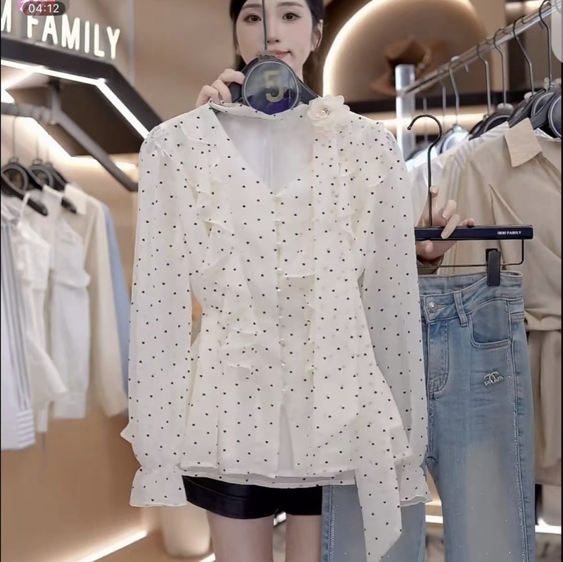 “洛克少女”秋季新款法式波点围脖系带轻职风气质修身长袖衬衫女|undefined