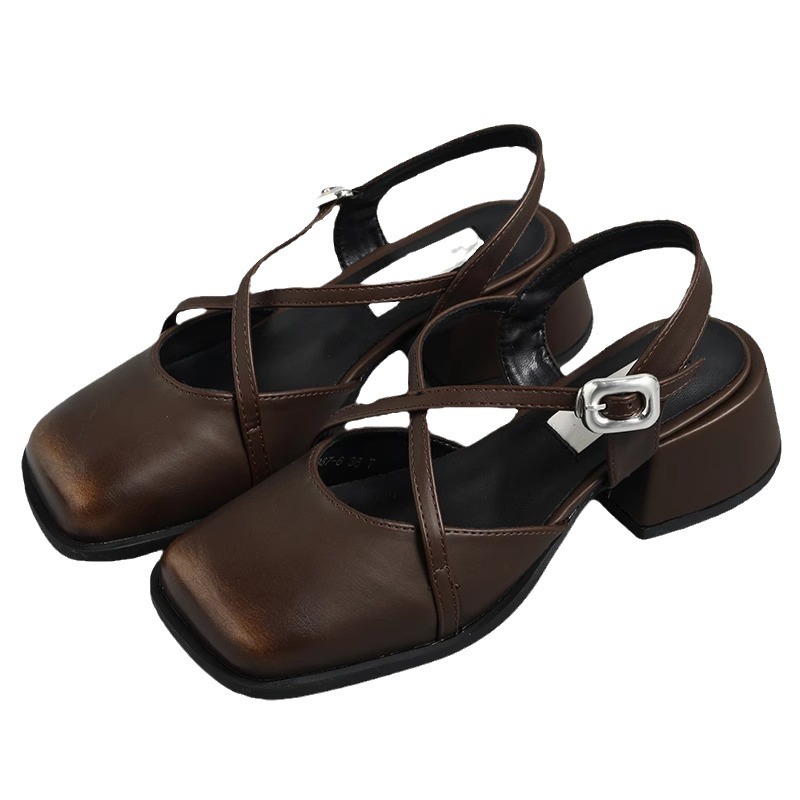 Cuerpo de cordero de hebilla cruzada estilo retrógrado francés sandalias de baquete para mujeres perezosas zapatos de talón grueso Mary Jane