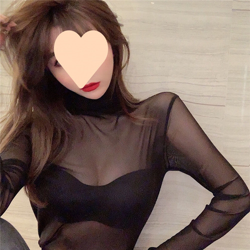 Women's high-necked mesh bottomed shirt, women's interior, Western style, European goods, black gauze, pile collar, lace shirt, top, trendy
