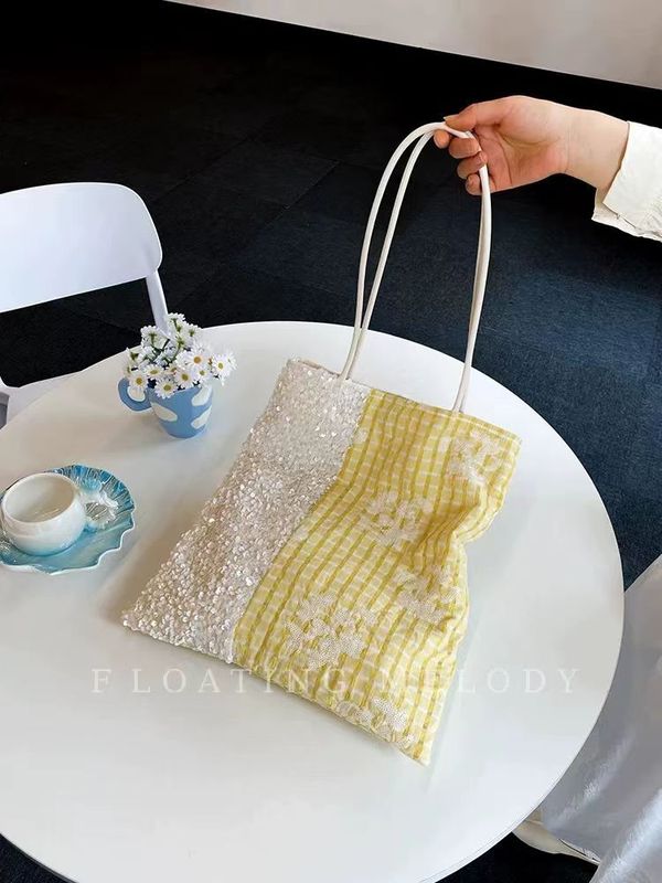 韓国の春夏ガールズイエローとブルーのチェック柄とスパンコール刺繍ショルダーハンドバッグカラーブロックFloatiMelodフローティングムーン|undefined