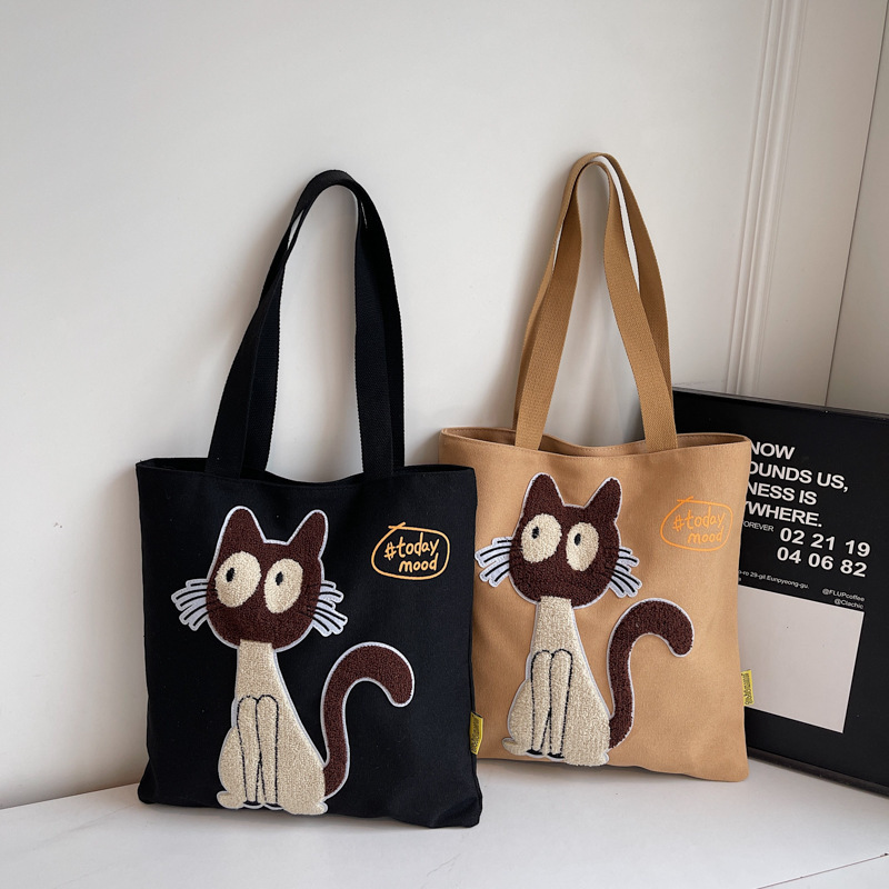 Cute Cat Tote Bag for Women, New Fashion Versatile Canvas Embroidered Handbag, Literary Style Large Capacity Shoulder Bag