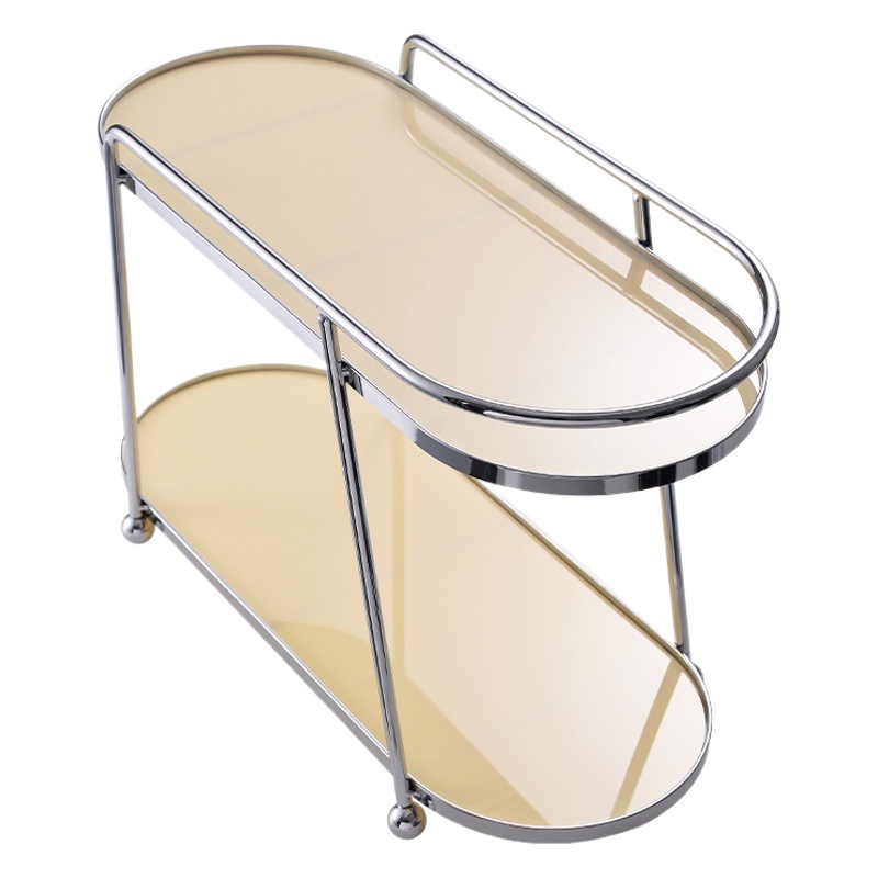 二重のデスクトップの棚のクリーム色のアクリル化粧品のコップの棚の化粧台の台所の机の上の収納棚