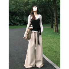 时尚韩版设计感长袖T恤内搭叠穿黑色吊带背心女早秋新款两件套装