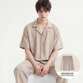 春夏新款纯棉男短袖短裤长裤开衫翻领三件套睡衣休闲男家居服居家