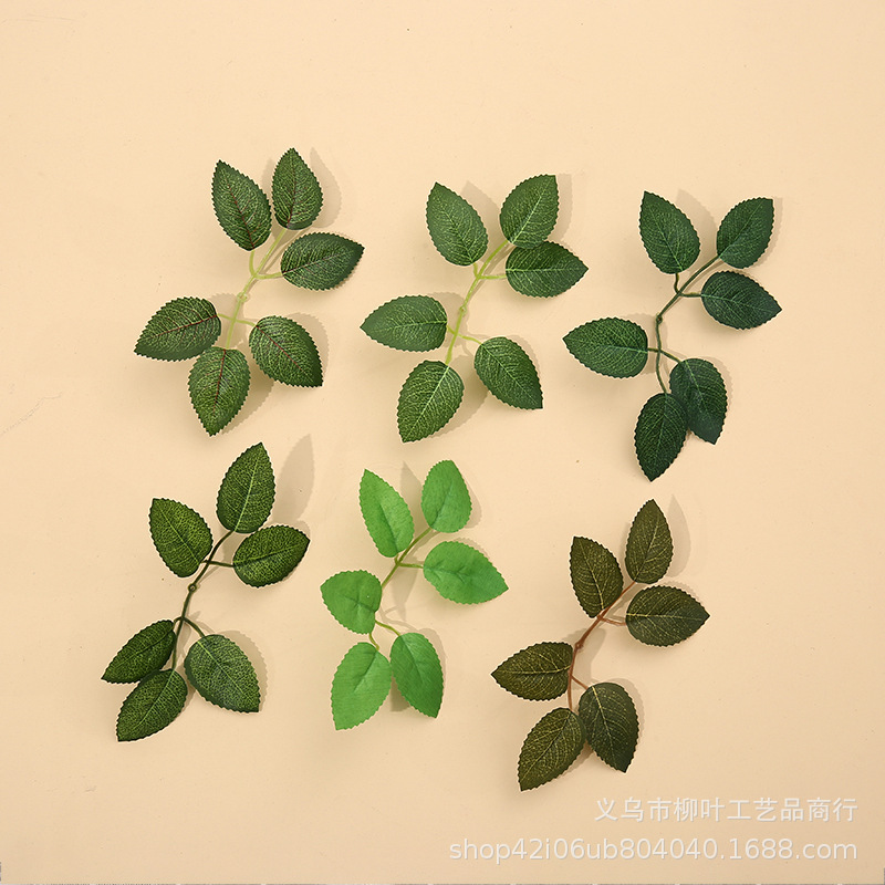 仿真植物叶 六片玫瑰叶 丝网花叶 花藤花束装饰绿叶 DIY饰品配件