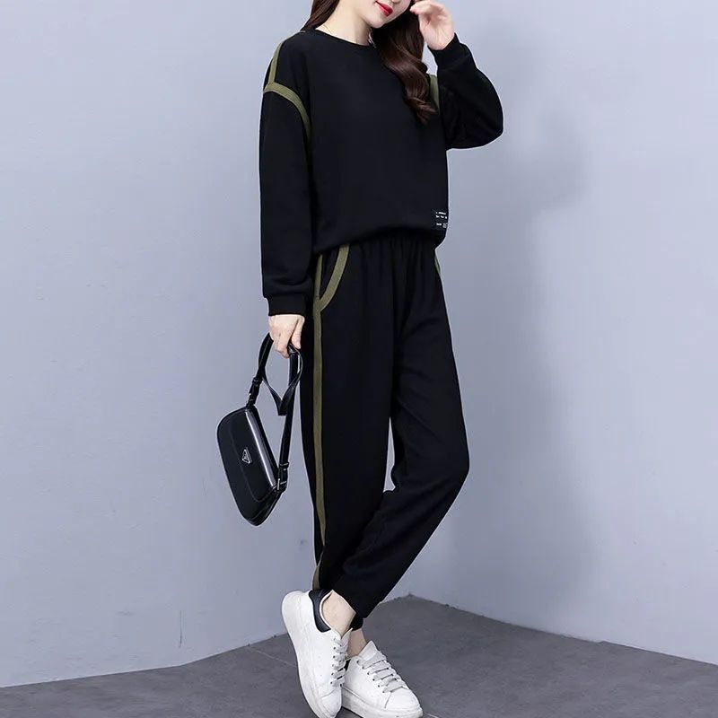 大码休闲运动套装女2025新款女装秋季时尚宽松洋气撞色减龄两件套|undefined
