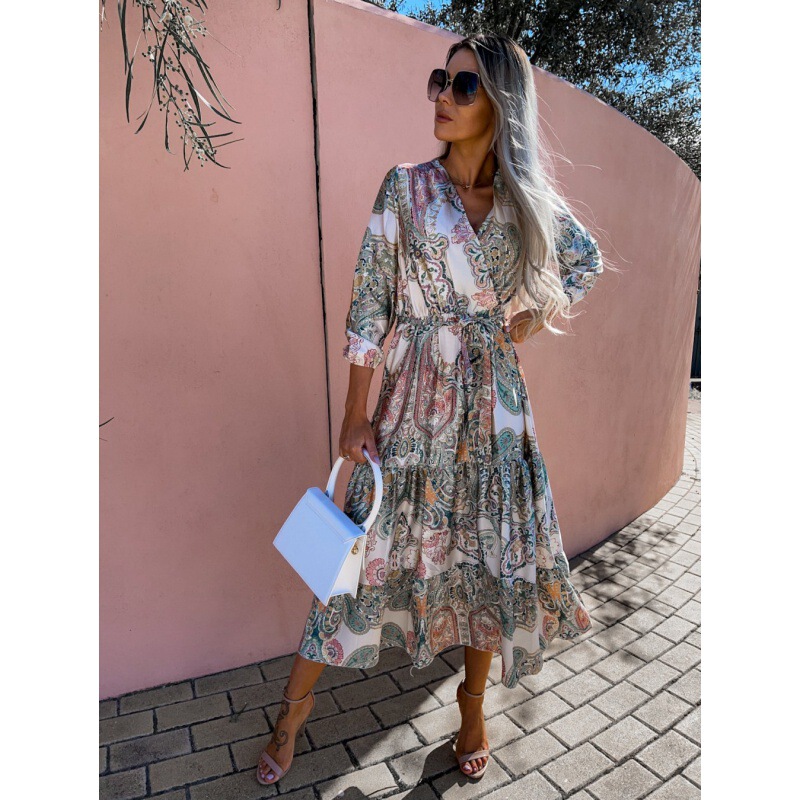 2022 AliExpress Amazon New Long Sleeve Strap Printed Patchwork Dress