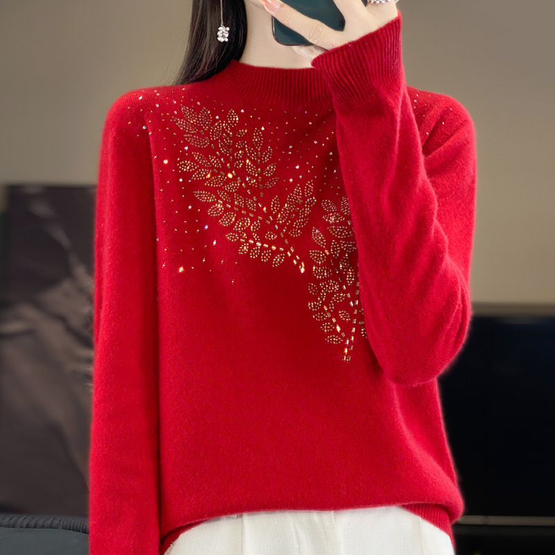 New Year Festive 100% Wool Big Red New Year Festival Top Women's New Rhinestone Thickened Short Knitted Sweater