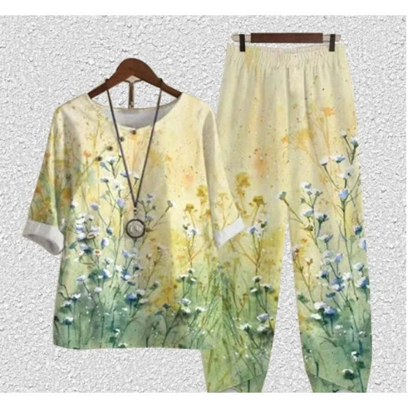 Europa y Estados Unidos trajes casuales de mujer transfronterizos de moda explosiva verano nuevo cinco mangas impresión chaqueta pantalones dos piezas