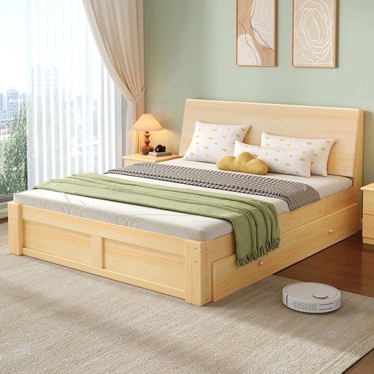 Solid Wood Bed Modern Minimalist 1.5m Double Bed Master Bedroom Economical Rental Home 1.2 Single Bed Frame