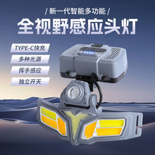 跨境新款太阳能感应头灯充电盒户外长续航锂电池红蓝警示应急头灯