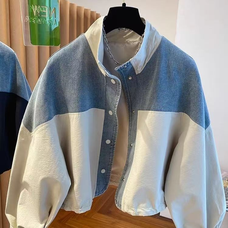牛仔拼接外套女春秋2025新款宽松休闲短款小个子夹克上衣初中学生