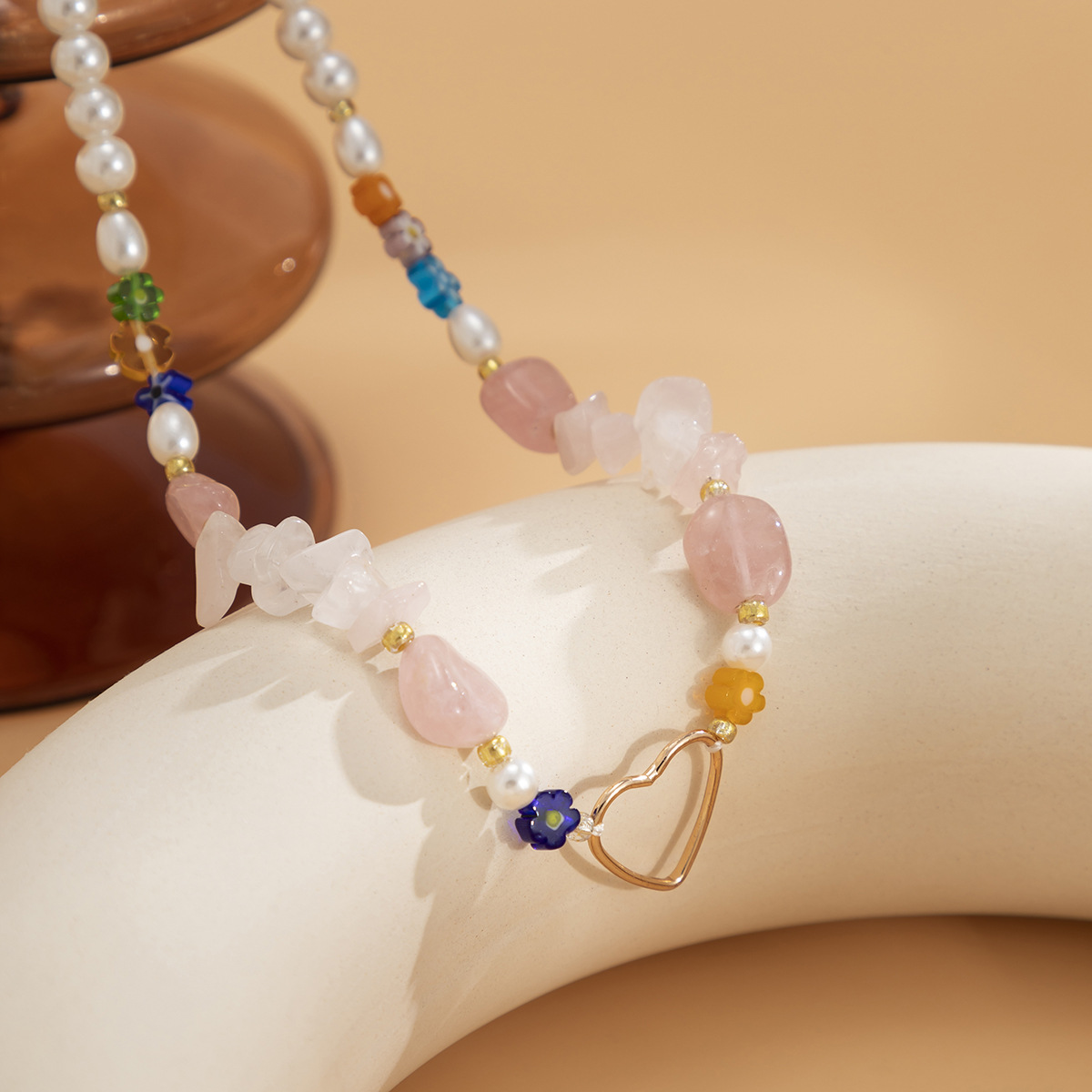 民族风拼接碎石个性短款锁骨链项饰欧美复古仿珍珠爱心小众项链女