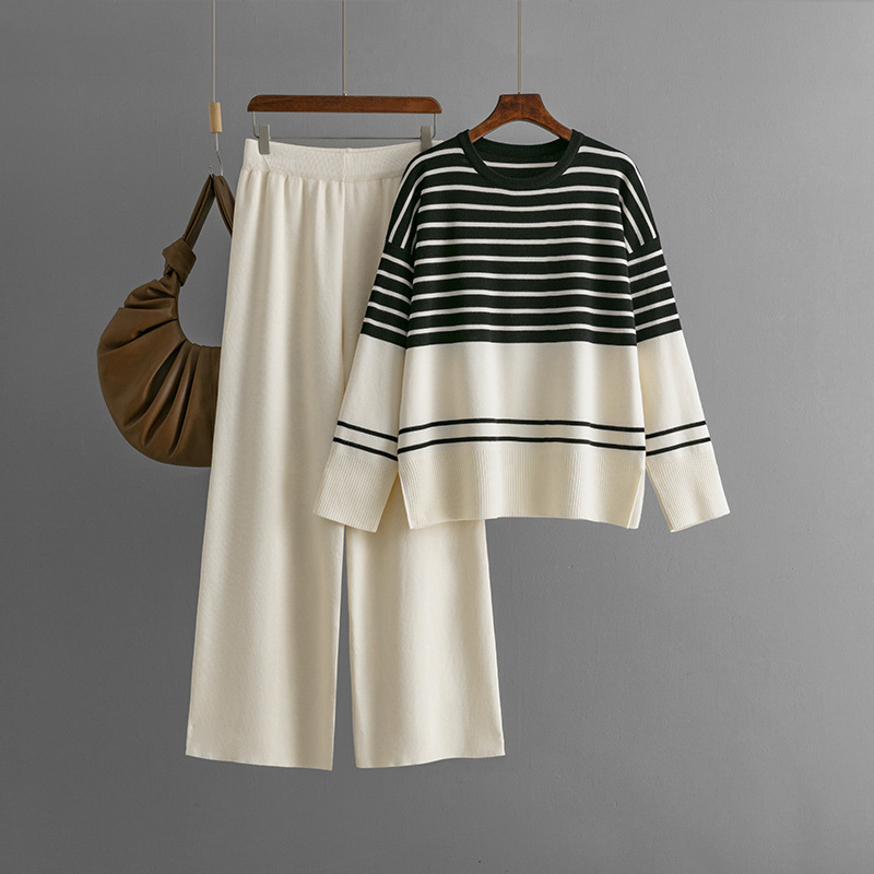 546g Weight Long Sleeve Sleeve Length Adhesive Fiber, knit Fabric Type Pant Co-ord Set Sets Type 2 Pieces Set Quantity Holiday, Daily Occasion Round Neck Neckline Loose Fit Type Stripe Pattern Winter, Autumn Season Women's Gender Casual, Simple Style Style Holiday Daily Women's Casual Simple Style Stripe Adhesive Fiber Knit Pant Co-ord Set Pants Sets 8