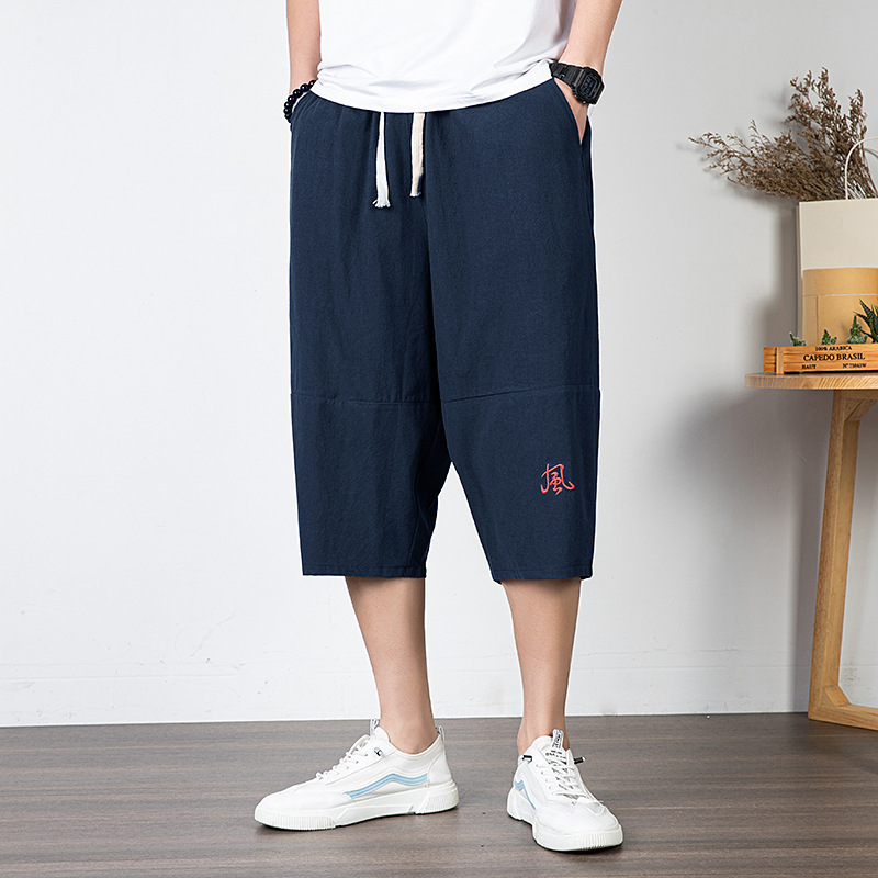 トレンディなブランドの男性用クロップドパンツ、リネンショートパンツ、無地の中国風紳士服、ルーズストレートビーチパンツ、トレンディなコットンとリネンのパンツ|undefined