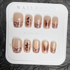 秋冬法式小香風穿戴甲枯葉蝶深咖色金光晶石貓眼可拆卸美甲短款