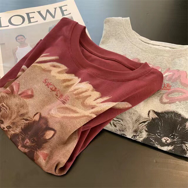 Cure Cute Cat Print Crewneck Short-sleeved T-shirt Women's Shoulder Slim-fit Slimming Base Top Spring and Summer M0428Z