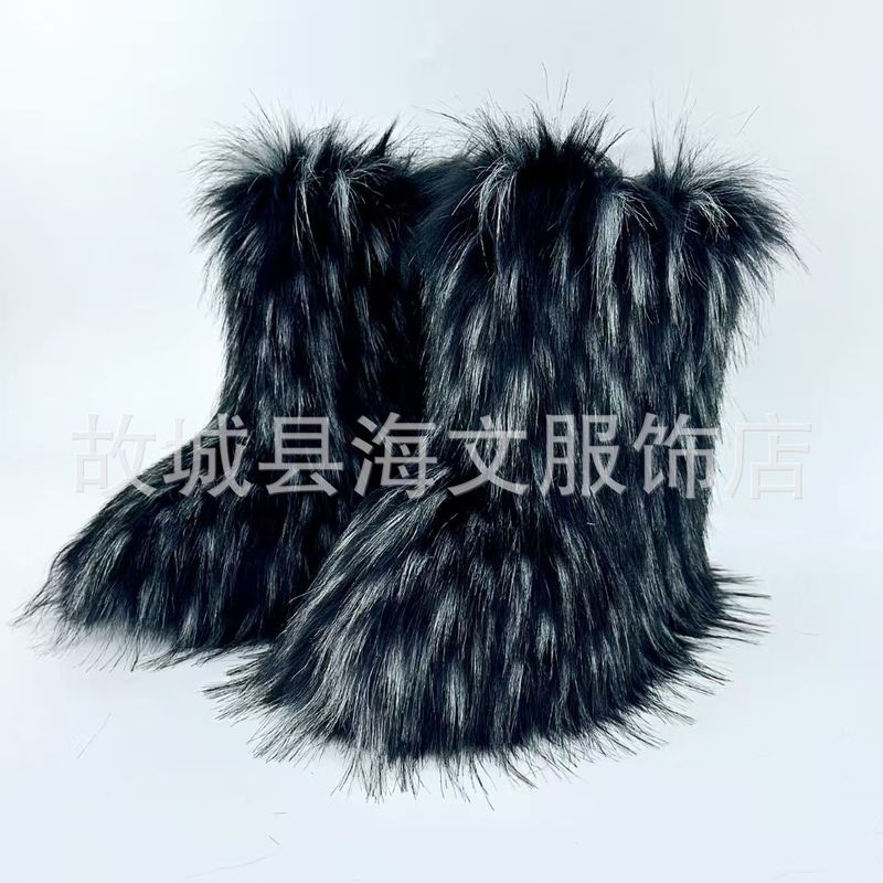 欧美跨境辣妹y2k毛毛靴子女冬季保暖时尚靴中筒靴大码平跟雪地靴|undefined