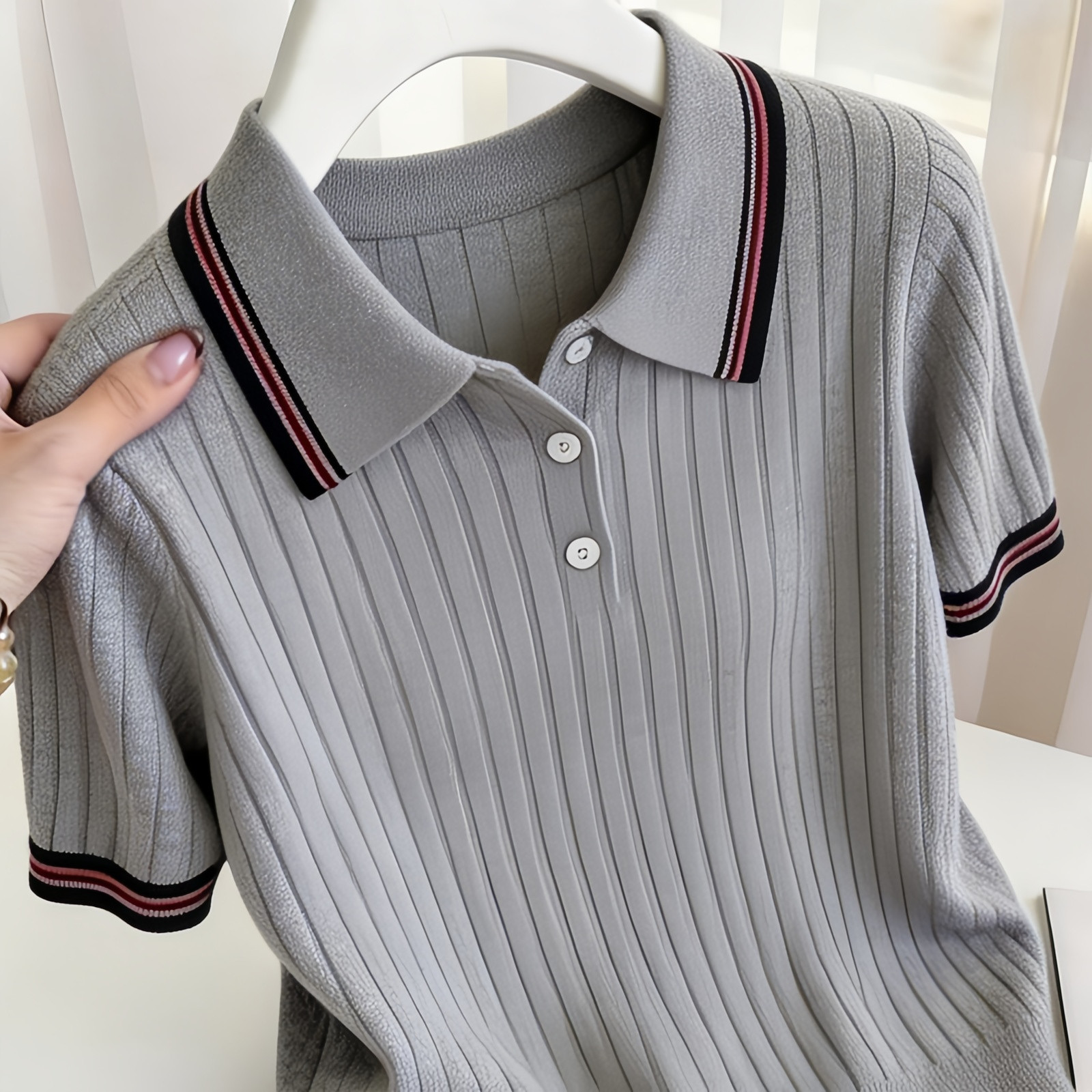 Áo thun polo nữ tay ngắn sọc tương phản phong cách Hàn Quốc — màu xám chi tiết 2