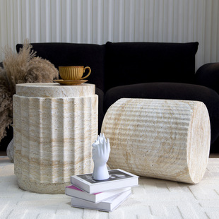 Modern Imitation Travertine Texture Roman Column Side Table, Antique Style Home Round Coffee Table, Balcony Simple Movable Corner Table