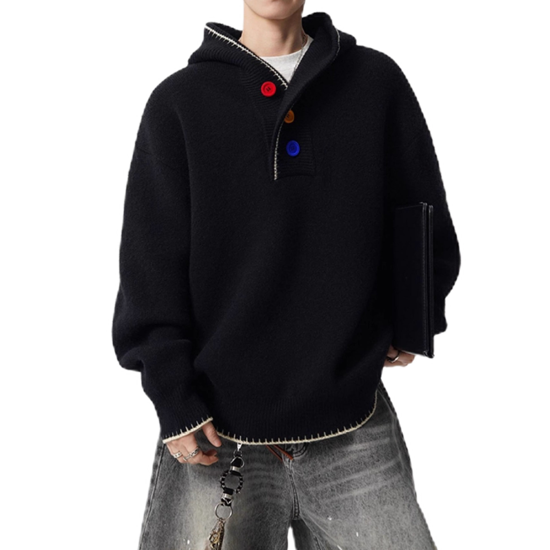 Explosiones transfronterizas europeas de tamaño grande encapuchado tricolor botones de color jersey suéter hombre Henry fábrica de marea al por mayor