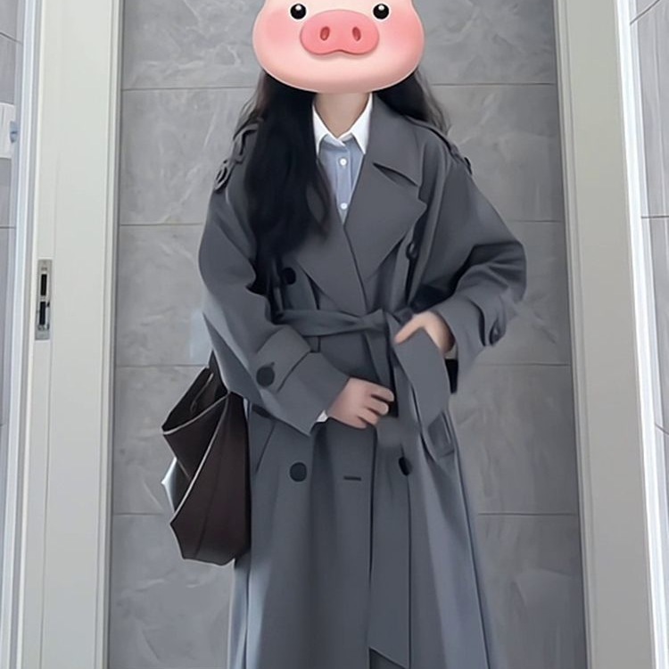 超好看灰色风衣外套女中长款2025早秋新款韩系小个子高级翻领大衣|undefined
