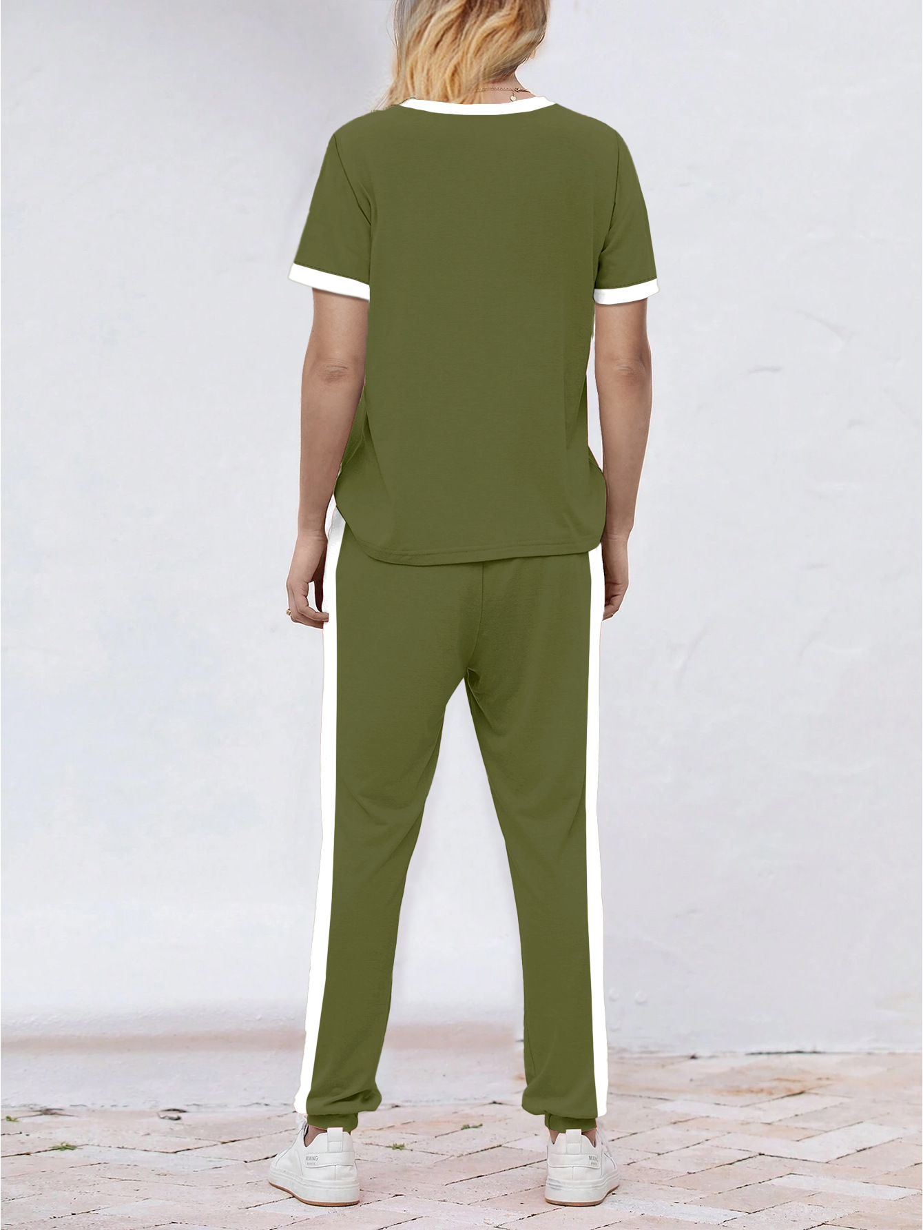 Women's Summer Two Piece Set European American Style round Neck Short Sleeve Top with Trousers_ecoleips.com