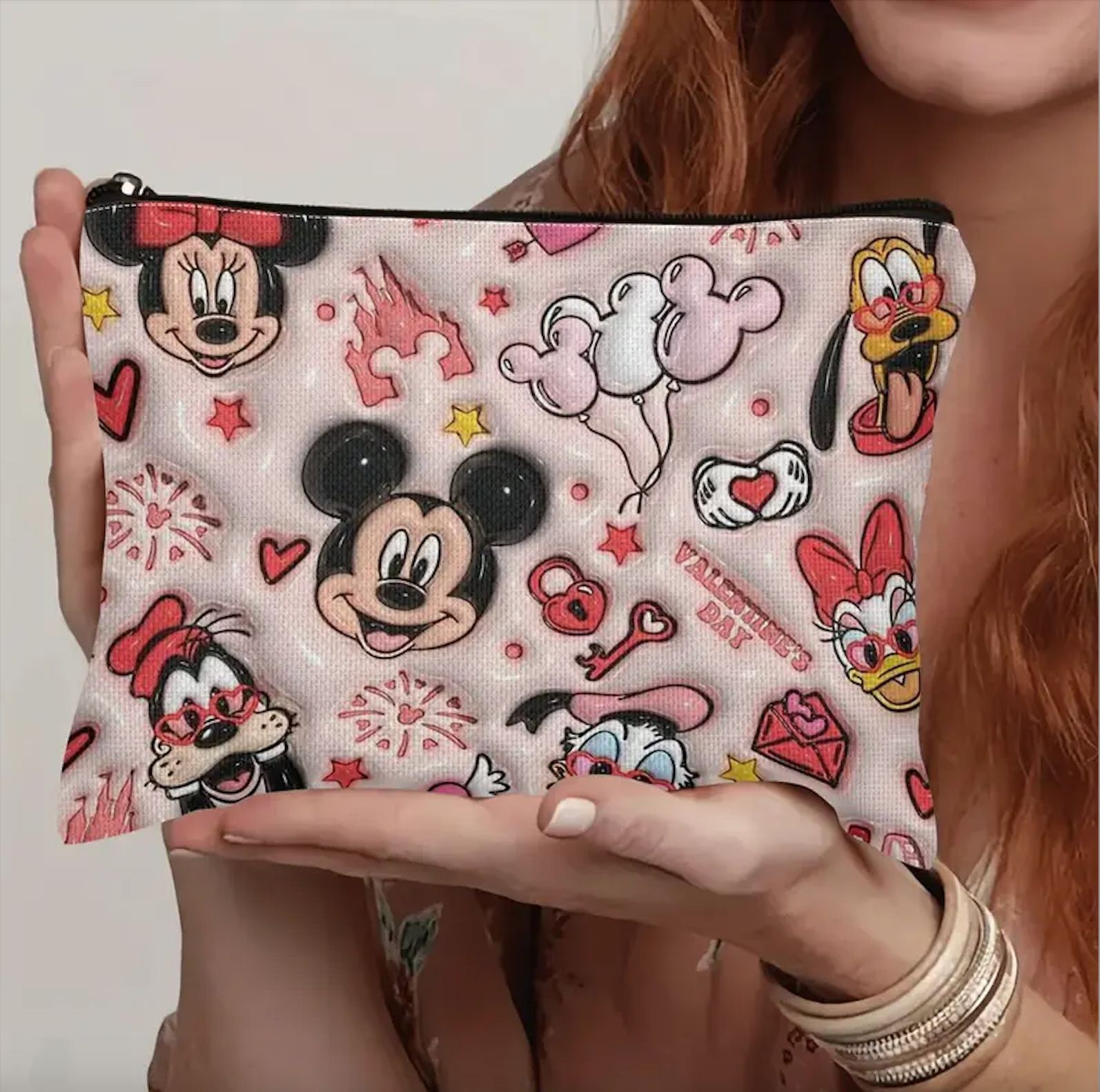 Amazon transfronterizo ratón bolsa de maquillaje rosa algodón y lino impresión doble bolsa de lavado de gran capacidad de almacenamiento de viaje