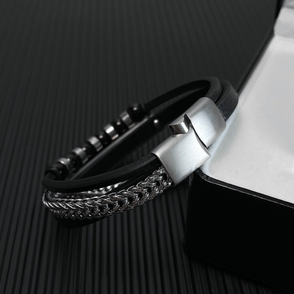 European and American Handmade Trendy Men's Black Asymmetrical Magnetic Buckle Leather Bracelet with Multi-layer Men's Woven Leather Bracelet_voghion.com