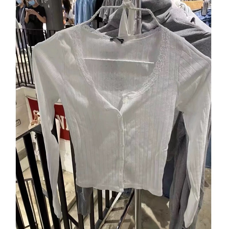 Bm Style American Sweet Pure Lust Cotton White Lace Hole Button Cardigan Versatile Bm Long-Sleeved Top for Women