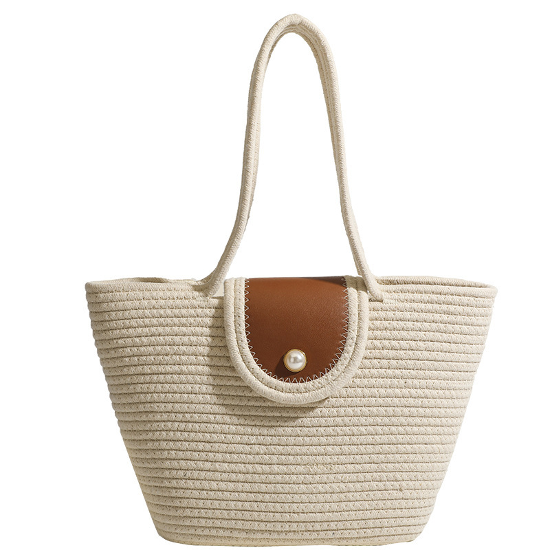 Borsa da spiaggia a spalla singola in corda di cotone intrecciata in erba da donna estiva 2024_voghion.com