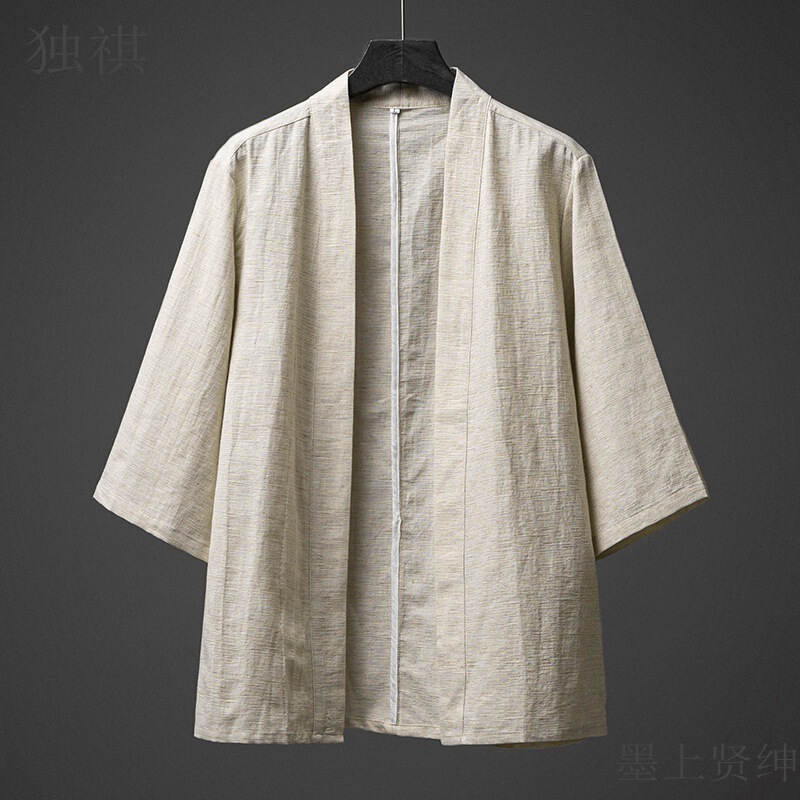 2023 Summer Chinese Style Antique Robe Cotton Linen Hanfu Men's Casual Solid Color Half Sleeve Loose Jacket for Men