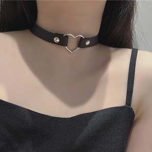 "Little Sweetheart" Sweet and Cool Elegant Peach Heart Black Double-Sided Pu Leather Normcore Heart Clavicle Chain Neck Strap Collar