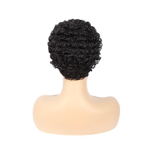 Synthetische Perücke, kurze Haare, Damen, flauschige schwarze synthetische Perücke, kleine lockige Kopfbedeckung_voghion.com