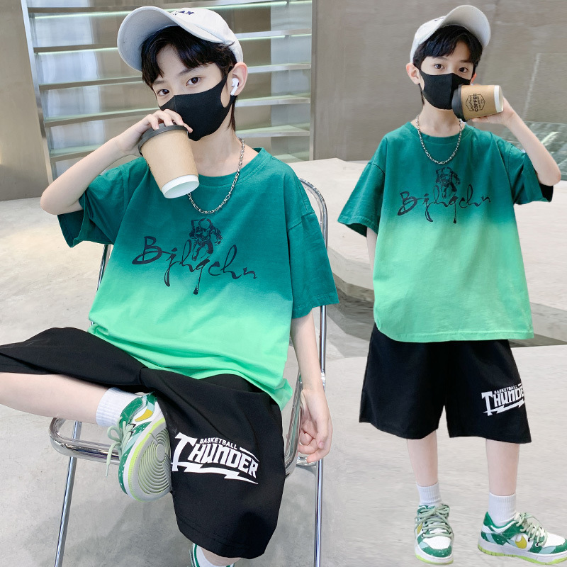 2023 Summer New Children's Wear Boys' Casual Colorful Hanging Dyed Letter T-shirt Middle Pants Set, Two Piece Set for_voghion.com