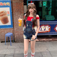 美式复古破洞牛仔背带裤女夏季新款高腰显瘦阔腿辣妹牛仔背带短裤