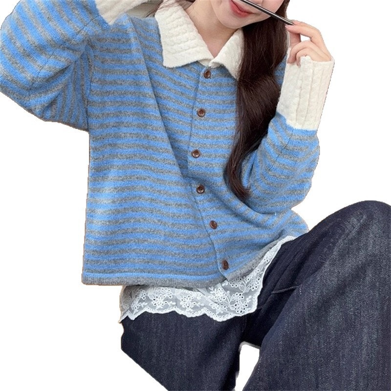 温柔风条纹翻领针织衫开衫女2025年秋季新款慵懒风宽松毛衣女外套|undefined