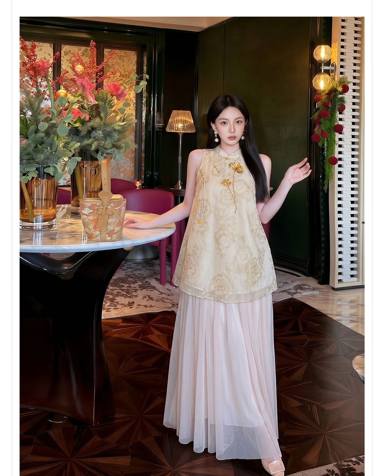 Đầm maxi nữ thắt eo thiết kế cổ điển họa tiết hoa nổi — Gừng chi tiết 7