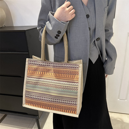 2024 New Trend Linen Tote Bag for Women, Fashion Ethnic Style Shoulder Bag, Handbag, Travel Large Capacity Crossbody Bag