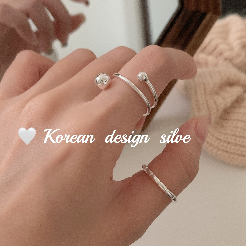 2024新款韓版簡約設計飾品S925純銀圓球多層線條戒指女疊戴高級感
