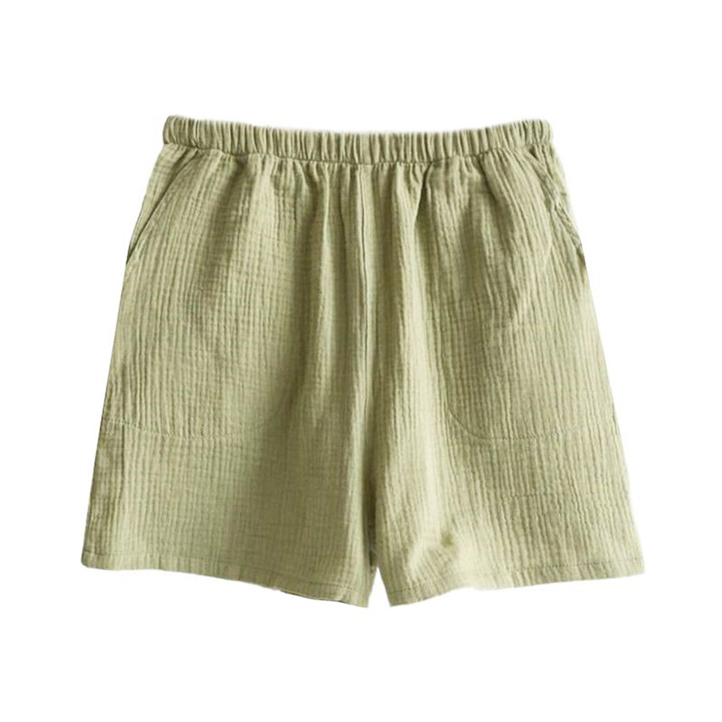 クラス A 純綿ガーゼパジャマ女性のショーツ夏の新しい綿ポケット薄い二層クレープ 3 点ホームパンツ