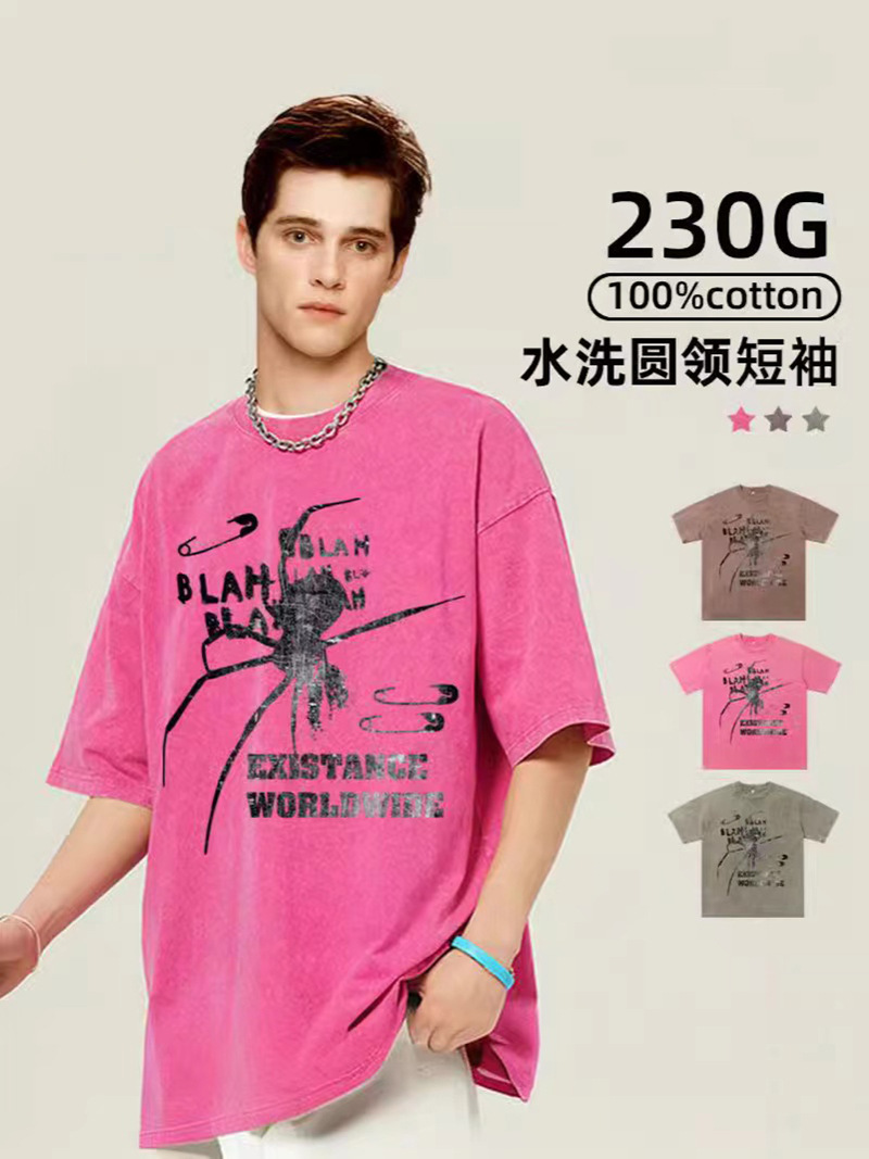 230g camiseta de manga corta para hombres de verano cuello redondo suelto sobretamaño retro americano marca de moda chaqueta retro casual